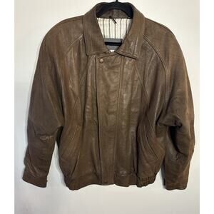 Leather Bomber Jacket Mens Brown Flight Full Zip Vintage Medium JT Beckett Retro